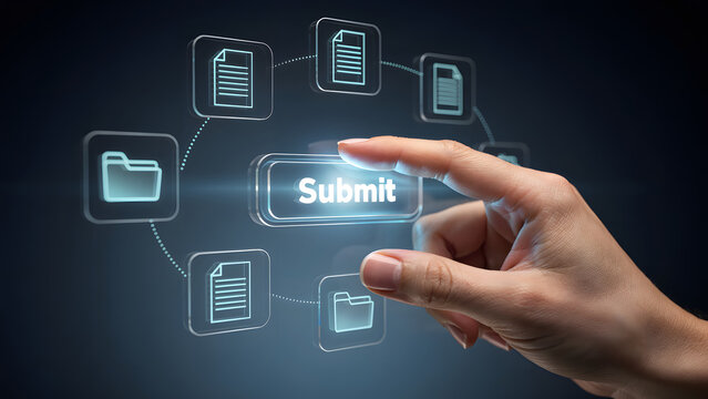 A hand presses the submit button with digital document icons around it