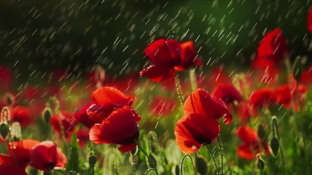 Red Poppies in Rainy Meadow with Falling Raindrops
