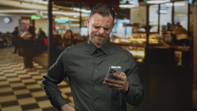 Man grimacing while holding smartphone in hand with one hand on hip at an airport food court; frustration.