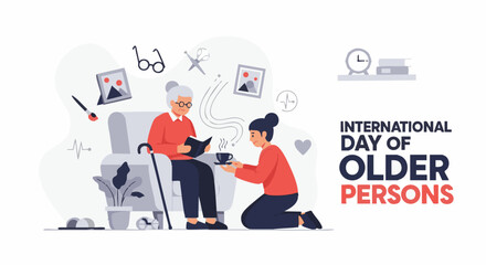 Fototapeta premium Elderly woman with younger caregiver in colorful flat design for International Day of Older Persons in vibrant informative illustration