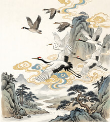 Obraz premium Crane and wild geese flying through clouds over mountain ridges in a traditional Chinese ink painting landscape