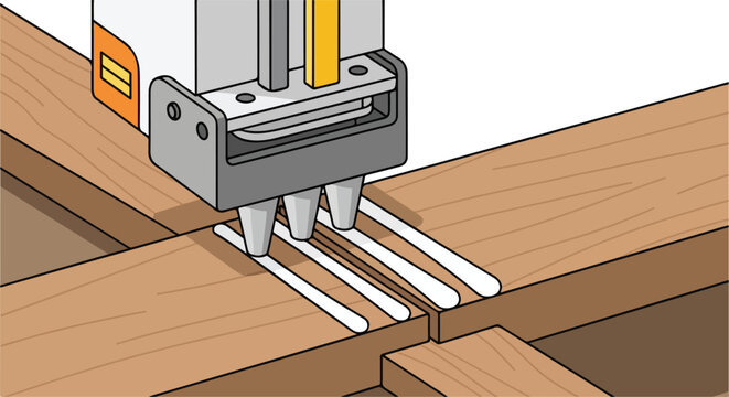 Close-up of a tool with three prongs making parallel white lines on wooden floorboards