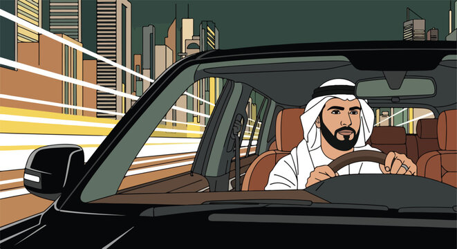 Bearded man in white ghutra drives car past city skyline at night, motion blur