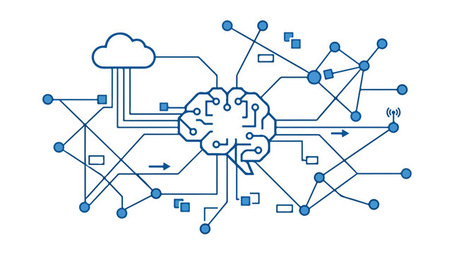 Artificial Intelligence Brain Connected to a Global Network and Cloud Computing with Data Flow and Machine Learning Concept