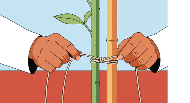 Two hands tie string to a green plant and a support stake in a garden setting