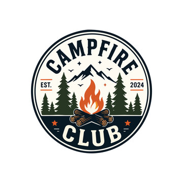 camping adventure badge design, circular   badge with fire and trees, bold typography ,T-shirt ,Jungle,tree