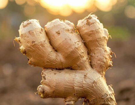 Fresh organic ginger root harvested from soil with blurred agricultural field background at sunset golden hour