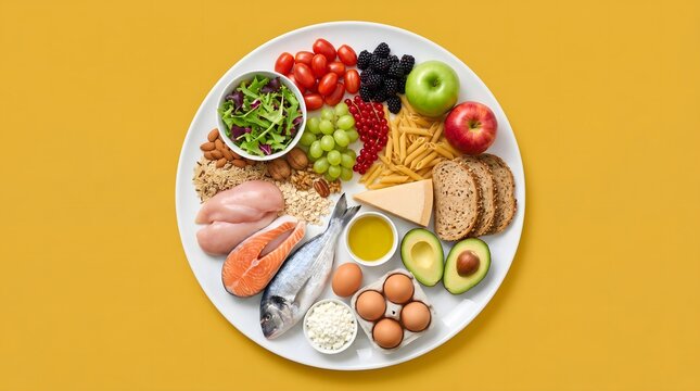 Holistic dietary composition featuring high-resolution protein sources and fibers arranged on a monochromatic yellow surface for clinical health.