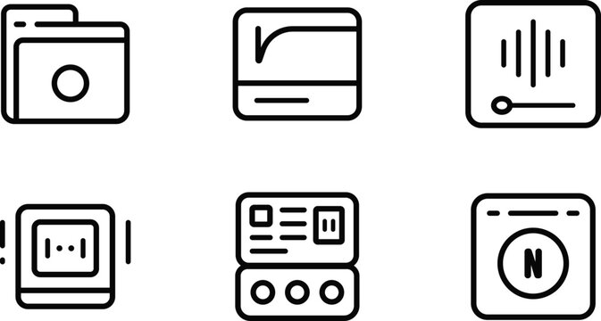 Set of six different line style computer hardware icons on white background