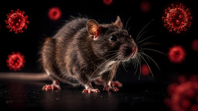 Brown rat with glowing virus particles on dark surface