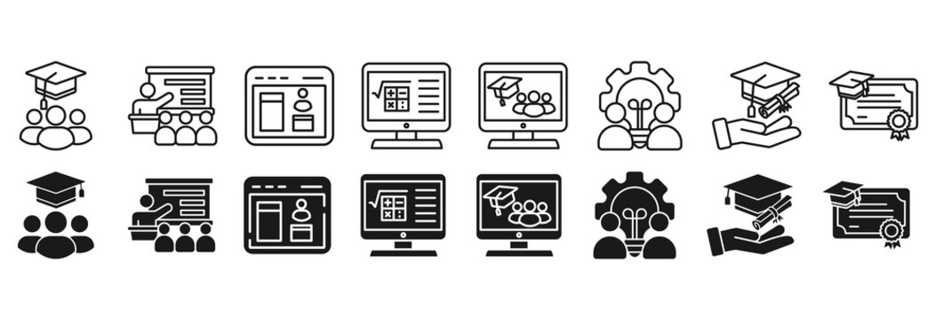 Online training icon set. Education and seminar symbol