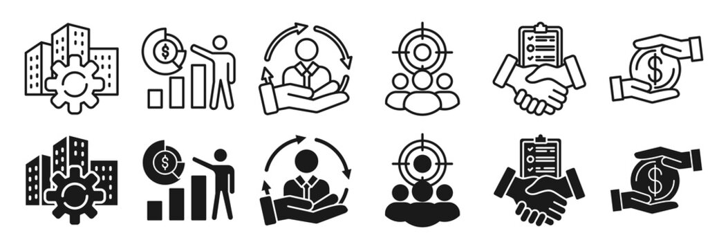 Outsourcing icon set. Company and improvement symbol