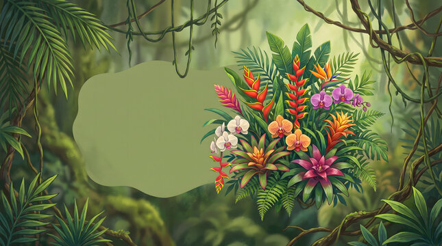 Tropical rainforest plant illustration background featuring bromeliads and orchids