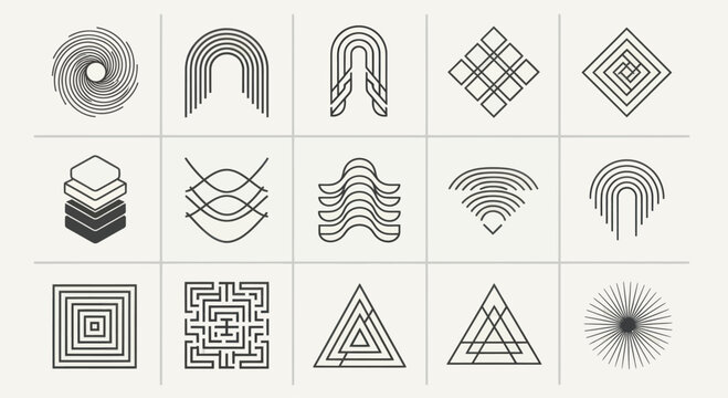 Modern Geometric Abstract Icons Set, Minimalist Line Art Symbols Collection