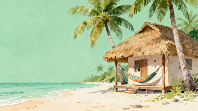 Thatched beach hut with hammock under palm trees on sandy shore