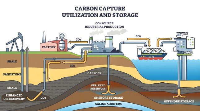 Carbon capture utilization and storage CCUS infographic showing industrial CO2 emission reduction, onshore and offshore storage, and enhanced oil recovery process.
