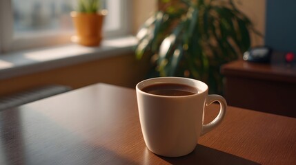 Fototapeta premium A warm cup of coffee rests on a wooden table near a sunny window with tropical greenery creating a calm morning atmosphere