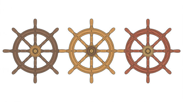 A set of three traditional wooden ship's wheels arranged horizontally against a white background