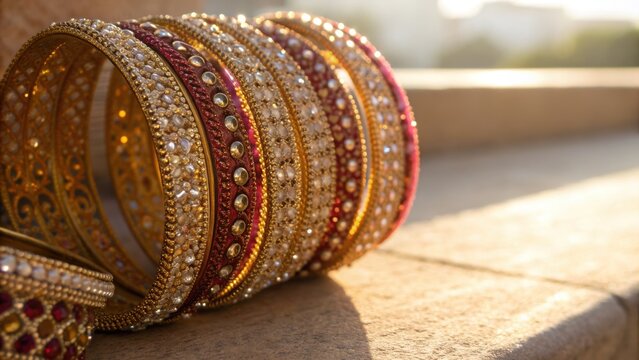 India spiritual pilgrimage tour features traditional gold and red bangles adorned with intricate designs and sparkling stones glowing warmly