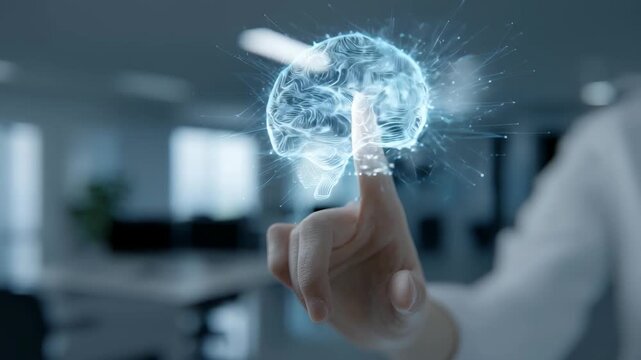 Digital Brain Interface Futuristic Technology Touch in Office with Glowing Neural Network, Human Finger, Artificial Intelligence Concept, Hologram Blue Light, Innovative Searchable SEO Title