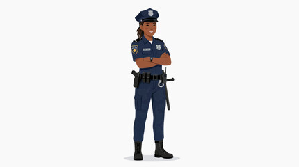 Naklejka premium Modern police officer character in uniform, confident pose, flat 2D vector illustration, isolated on white background