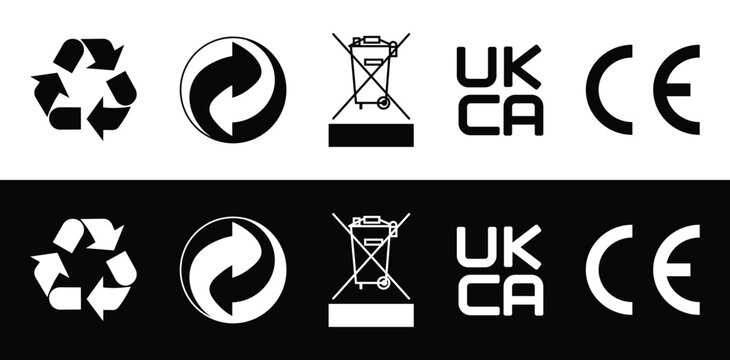 Environmental Recycling and Regulatory Compliance Icon Set for Packaging, Recycling Symbol, Green Dot, WEEE Wheelie Bin, CE Mark and UKCA Certification Labels Vector Illustration for Product Design.