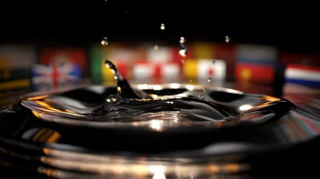 Water splash black liquid abstract motion reflective surface dark background close up macro view with ripple, drop, circle, blurred flag, dramatic light, SEO friendly abstract scene