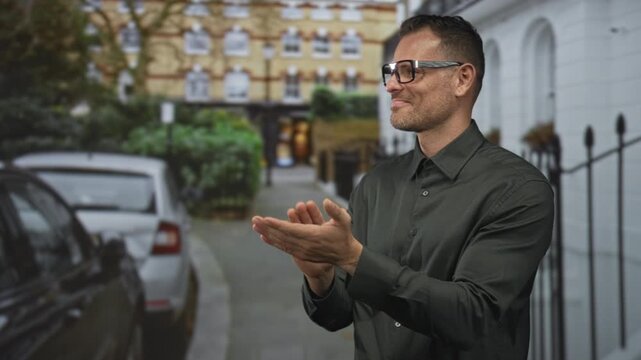 Man with glasses clapping hands beside parked cars on a narrow residential street sidewalk in front of white row houses and iron railings; approval.