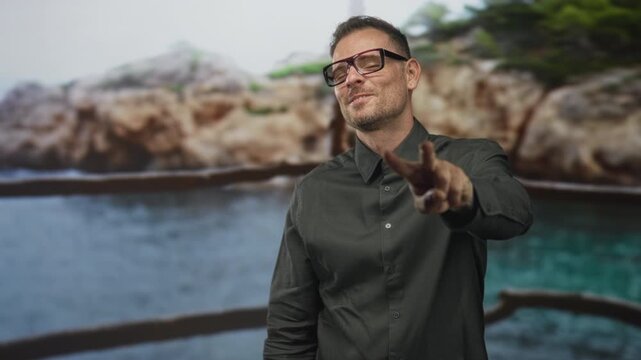 Man smiling and pointing two fingers at camera with visible hand gesture against a coastal studio backdrop; playful charm.