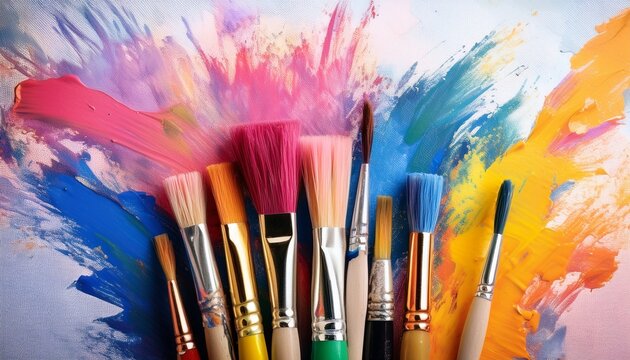 various colorful paint brushes stand on canvas splashes of pink yellow blue paint burst out art supplies for creative hobby craft project background for art school workshop or lesson