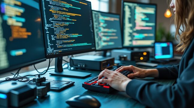 female programmer coding at multi-monitor workstation with neon lighting