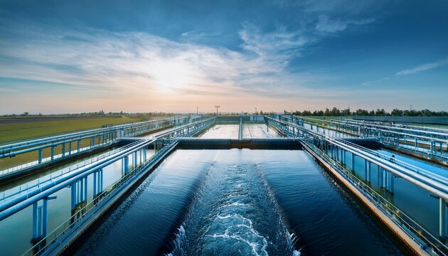 water streams from industrial pipes into clear blue treatment pool modern facility processing liquid for purification sanitation needs water system infrastructure management for clean environment
