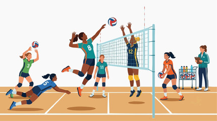 Fototapeta premium Professional women volleyball team playing match on indoor court with volleyball