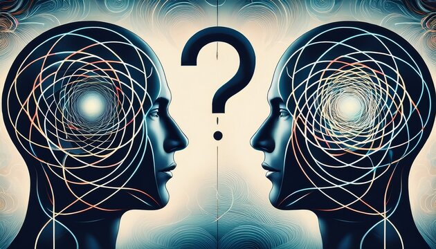 two profiles face with chaotic tangled lines between one profile shows spiral in head shows lines question marks hover above both heads confusion miscommunication