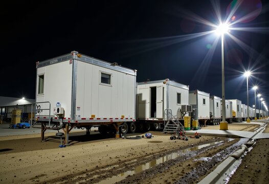 Nighttime View of Mobile Office Trailers with Bright Street Lighting and Reflections