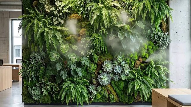 Lush green living wall featuring diverse plants, ferns, moss, and succulents with a gentle misting system.