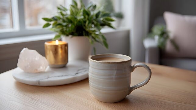 Cozy morning beverage setup featuring a ceramic mug lit candle crystal decor and lush greenery on a rustic wooden table
