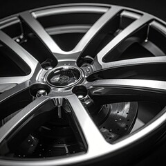 Obraz premium Sleek, metallic wheel rim with intricate spokes and perforated brake disk
