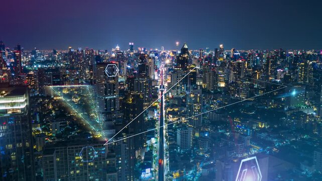 Futuristic Bangkok at night with digital overlay showing network connections, data transmission, and communication technology between illuminated city buildings