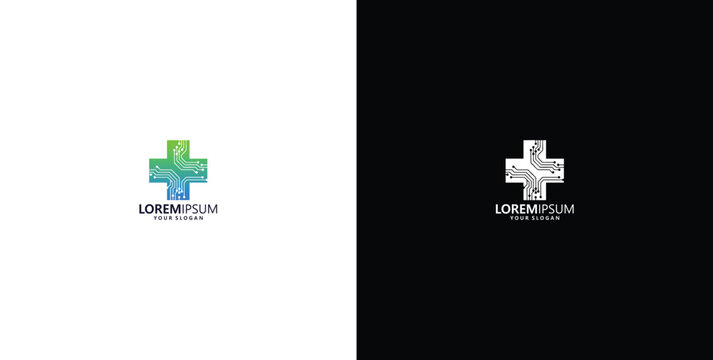 Medical cross logo with circuit board pattern, signifying healthcare technology and innovation