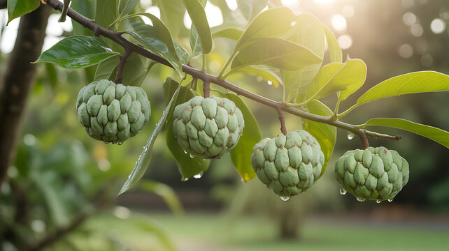 Four green cherimoya fruits hanging from a branch with water droplets and sunlight