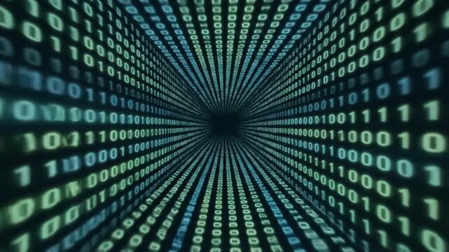 Endless tunnel of glowing blue and green binary numbers
