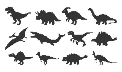 Set of pixel art dinosaur silhouettes featuring various species like T-Rex, Triceratops, and Pterodactyl. Retro 8-bit prehistoric creature collection for game design. Vector illustration. © stockdevil