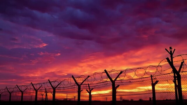 A barbed wire border fence silhouetted against a dramatic sunset, a powerful concept of lost freedom, conflict, and a crisis background.