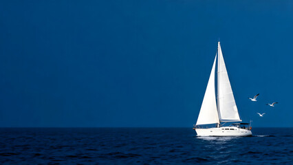 Fototapeta premium White sailboat with full sails cruising on deep blue ocean under clear sky