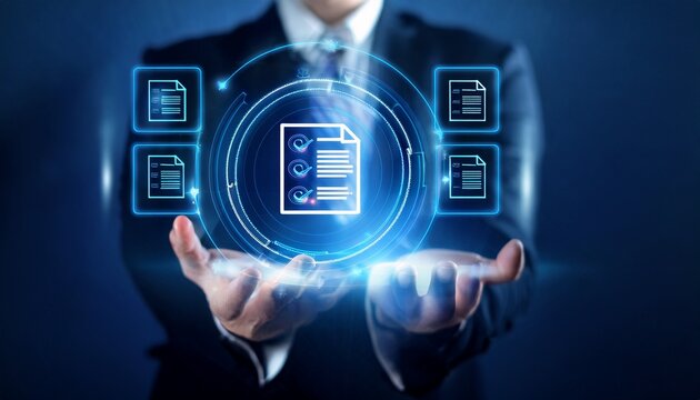 businessman holding a futuristic glowing digital interface with a assurance checklist and document control icons marking items to demonstrate verification and compliance processes