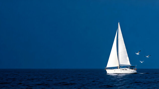 White sailboat with full sails cruising on deep blue ocean under clear sky