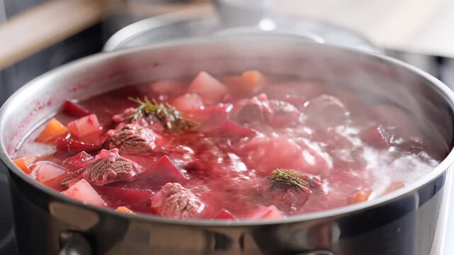 Hearty Beetroot Soup Simmering in a Pot on the Stove.