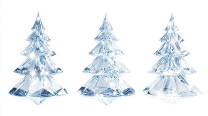 Obraz premium Crystal Christmas tree clipart, luxury winter element, transparent glass ornaments, glowing reflection, isolated on white background. 