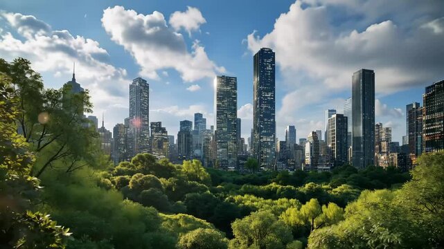 A green city of the future, balancing a modern skyline with a lush urban park, a concept of sustainable development and ecological harmony.